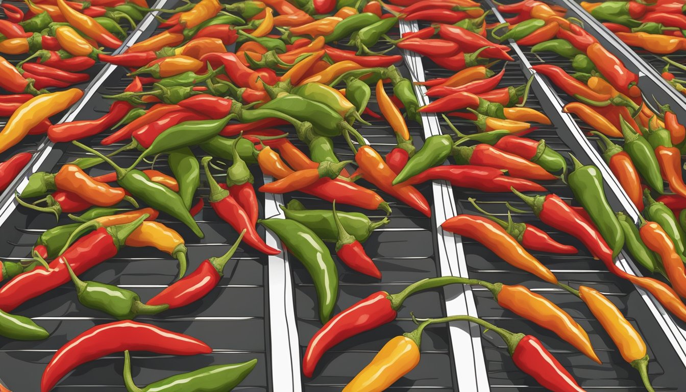 Tabasco peppers laid out on dehydrator trays, warm air circulating, turning shriveled and dry