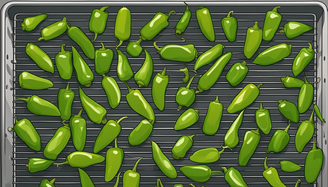 Serrano peppers laid out on dehydrator trays, warm air circulating, as the peppers slowly dry out