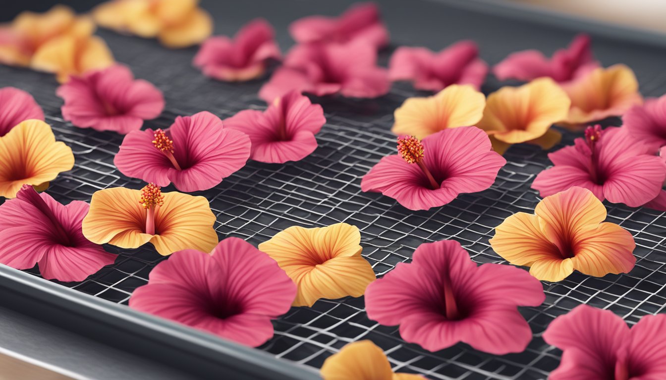 Fresh hibiscus flowers laid out on a mesh dehydrator tray under warm, dry air