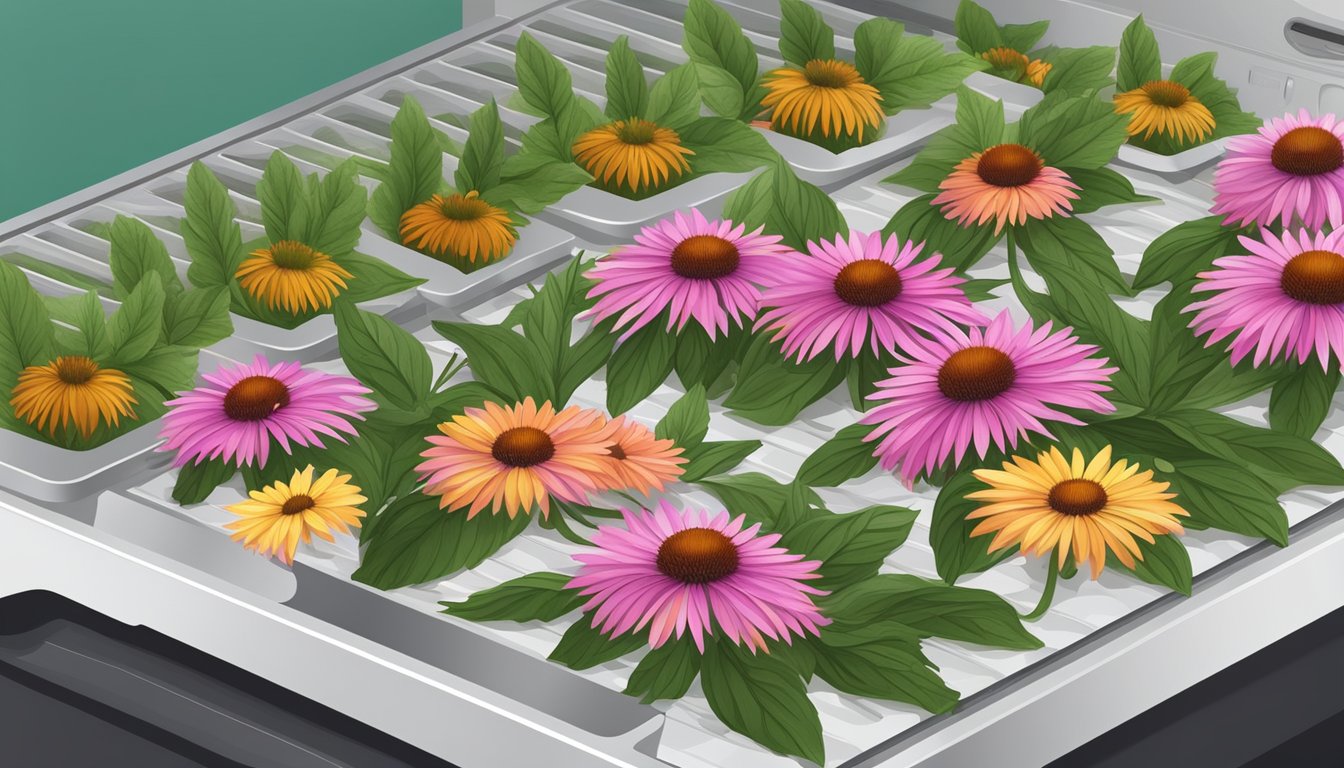 Echinacea flowers and leaves laid out on dehydrator trays, with the machine turned on and warm air circulating around the plant material