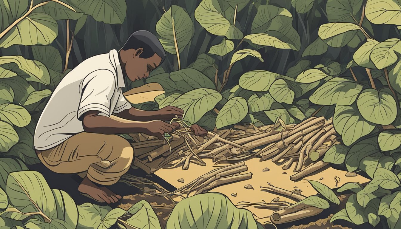 A person harvesting kava roots and laying them out to dry in the sun