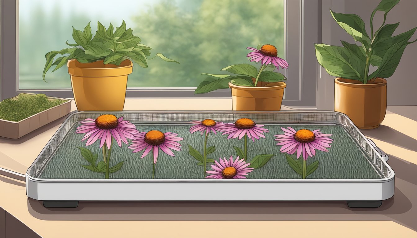 Echinacea flowers and leaves laid out on a mesh dehydrator tray with a warm, sunny window in the background