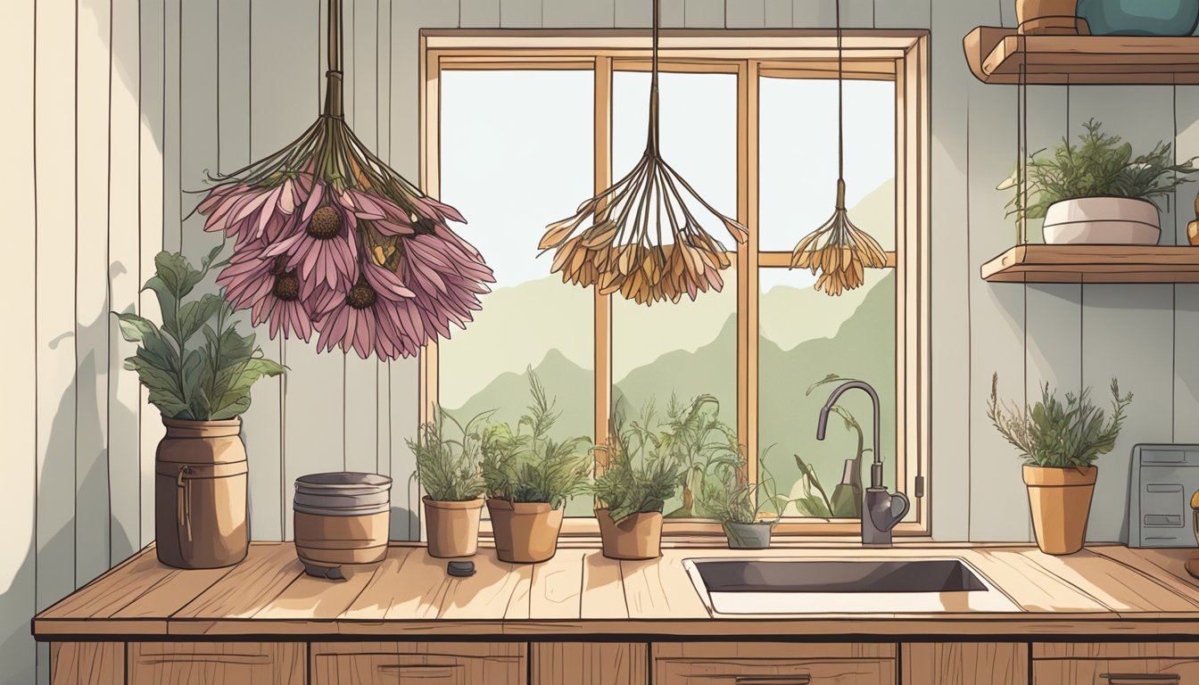 A hand reaching for a bundle of dried echinacea, hanging from a wooden rack in a bright, airy kitchen