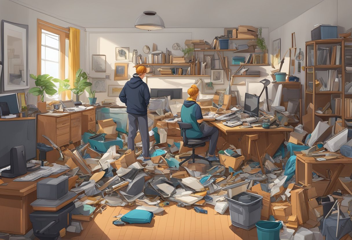 A cluttered room with broken furniture and piles of junk, while a team of professionals efficiently removes the debris