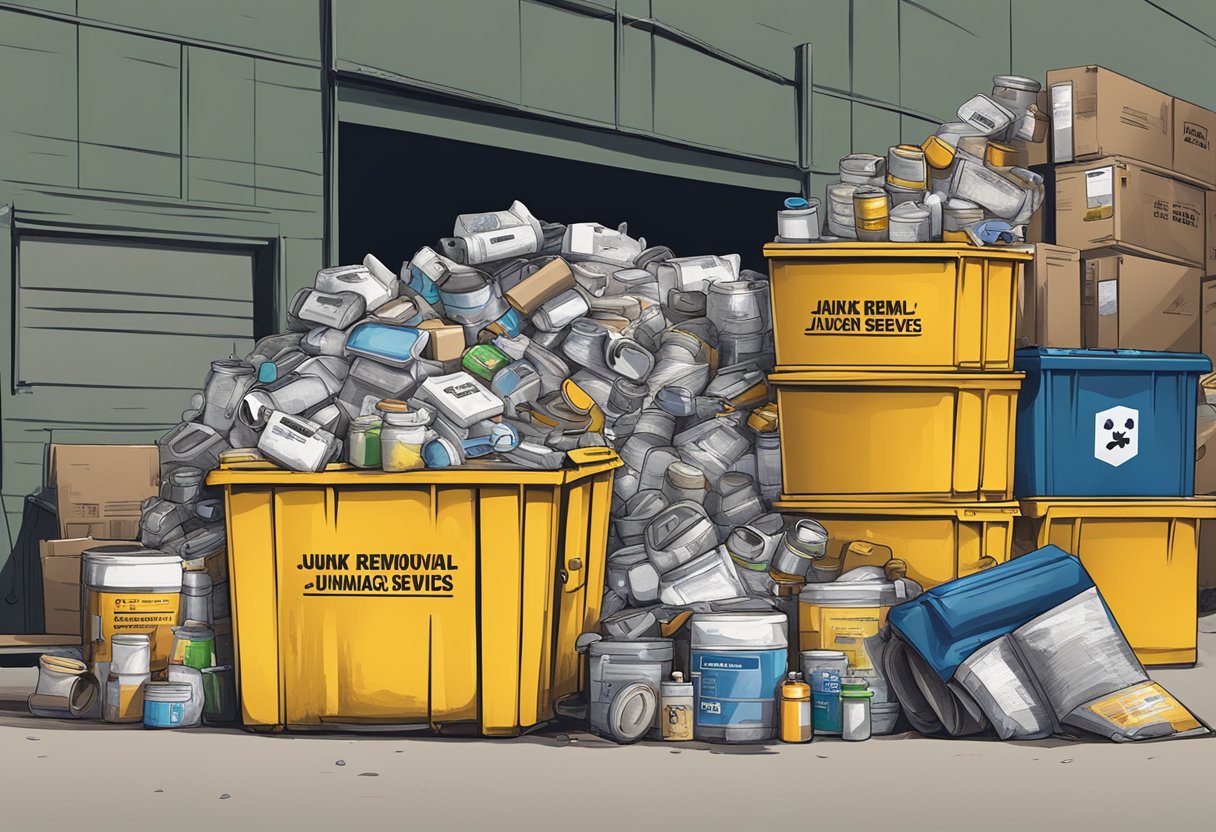 A pile of hazardous waste items, such as chemicals, batteries, and asbestos, stacked next to a dumpster labeled "Junk Removal Services."