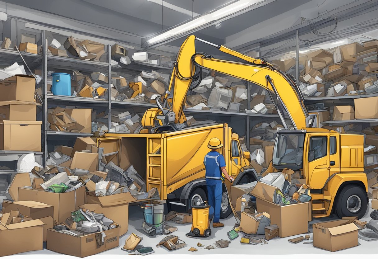 A team of professionals efficiently removes various types of junk from a cluttered space, using specialized equipment and vehicles for optimal disposal