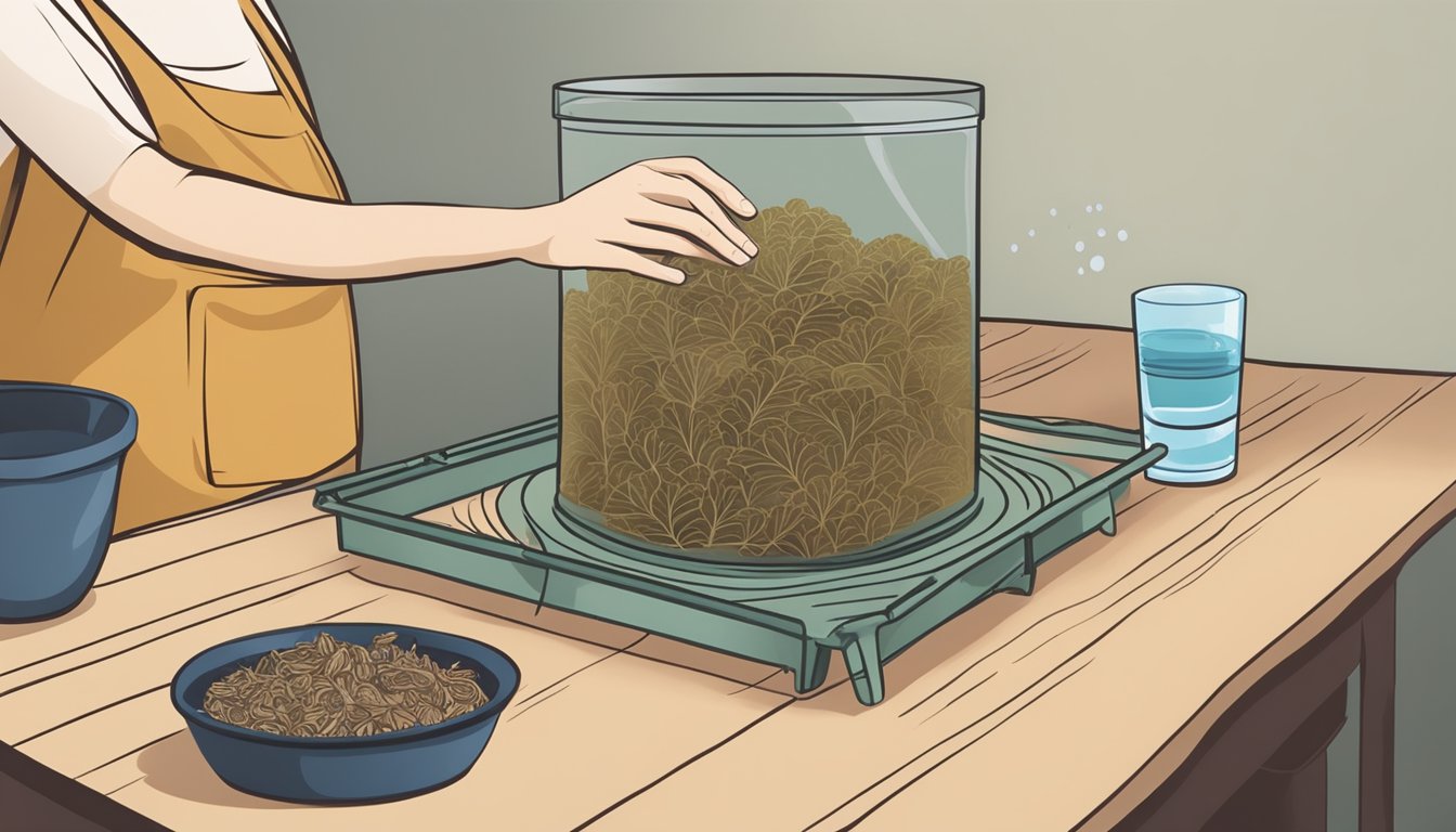 A person placing kava roots on a dehydrator tray, with a glass of water nearby