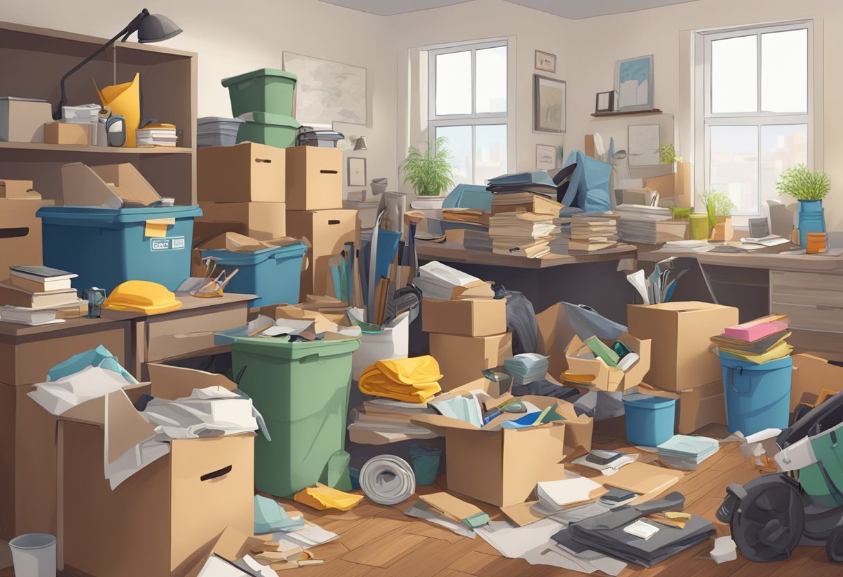 A cluttered room with various items piled up, a professional junk removal team efficiently clearing out the space