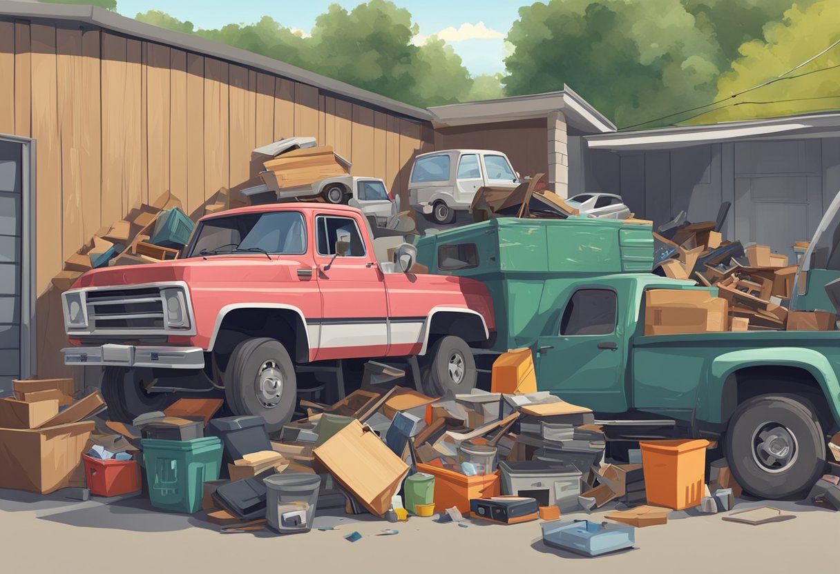 A cluttered garage with old furniture, broken appliances, and piles of unwanted items. A junk removal truck parked outside, workers hauling away debris