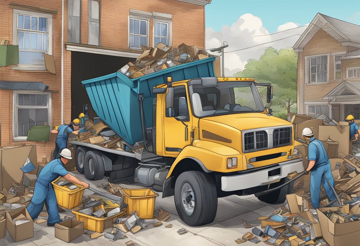 A cluttered property being cleared out by workers, with junk being loaded into a truck