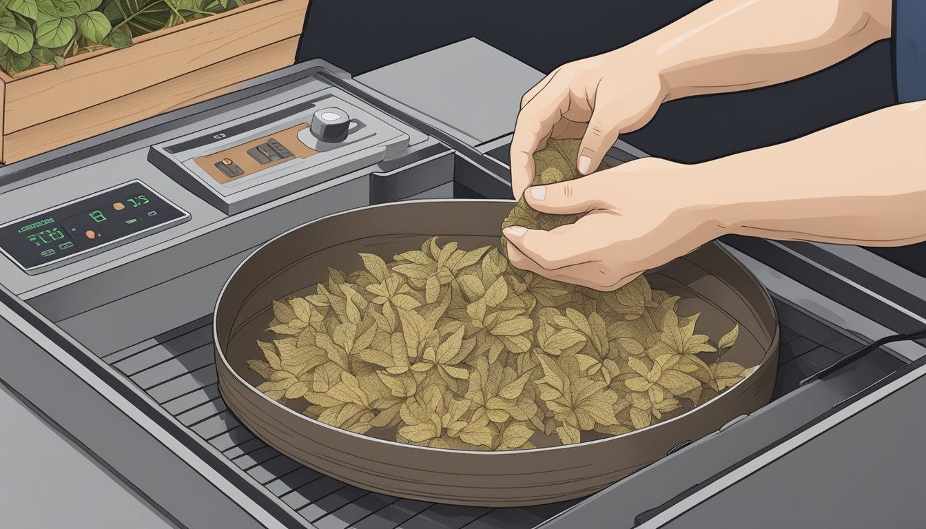 A person placing kava roots on a dehydrator tray, setting the temperature and timer