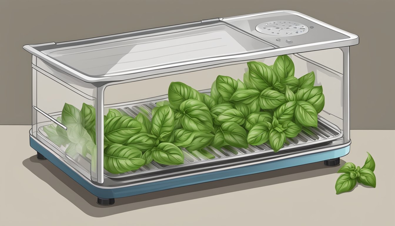 Fresh basil leaves laid out on a dehydrator tray, with the machine set to a low temperature