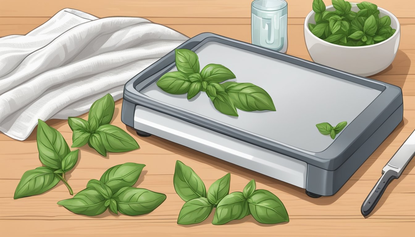 Fresh basil leaves laid out on a clean towel, with a knife and cutting board nearby. A dehydrator is plugged in and ready to use