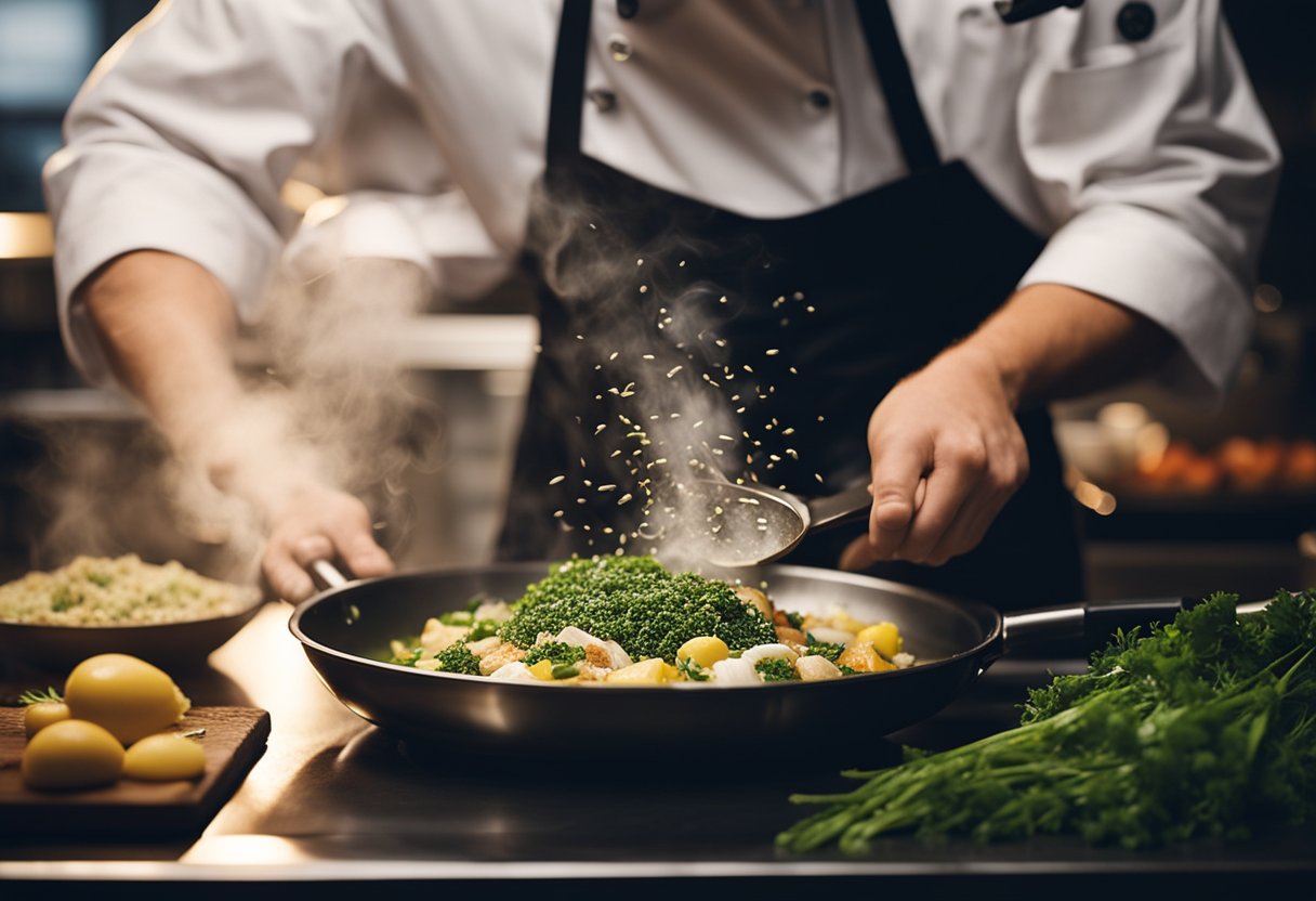 A mão de um chef polvilhando ervas em uma panela fumegante de comida, vapor subindo enquanto o aroma preenche a cozinha