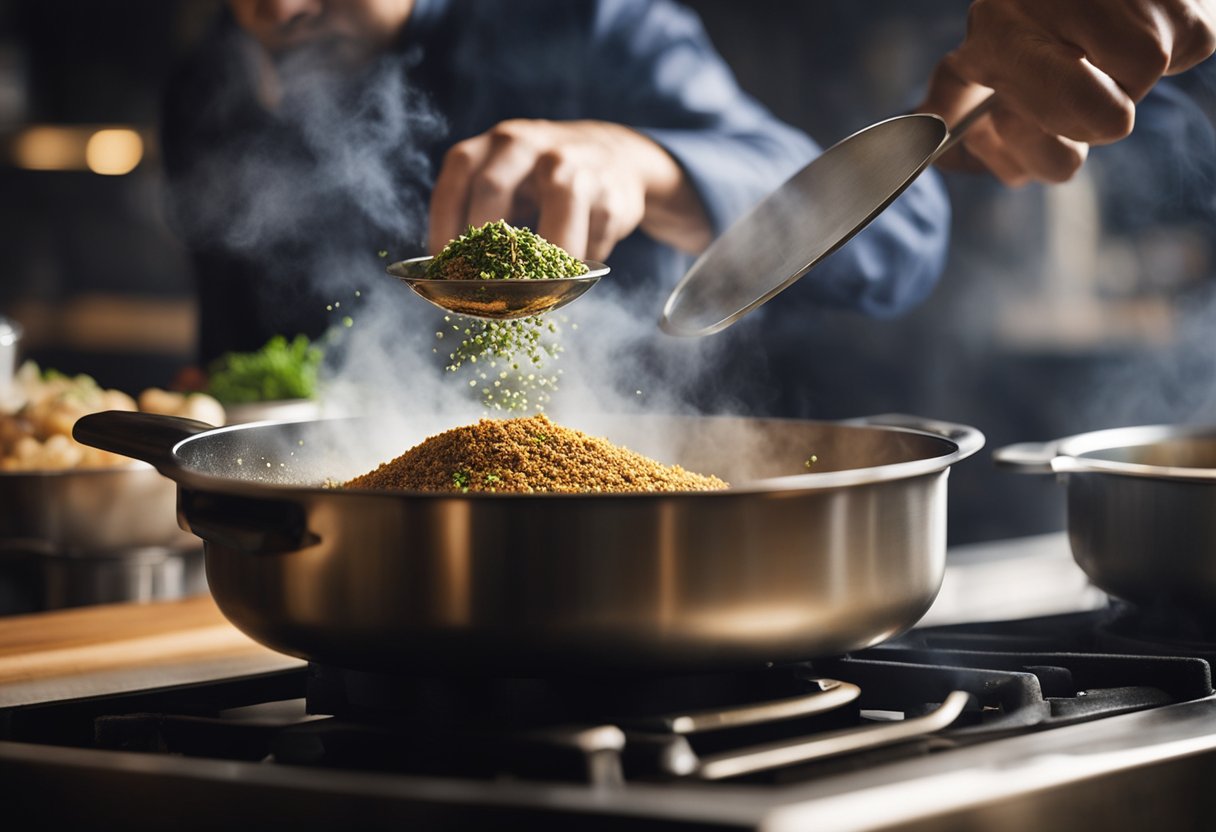 A mão de um chef temperando uma panela fumegante de comida com uma variedade de especiarias e ervas, criando uma nuvem de vapor aromático subindo do prato