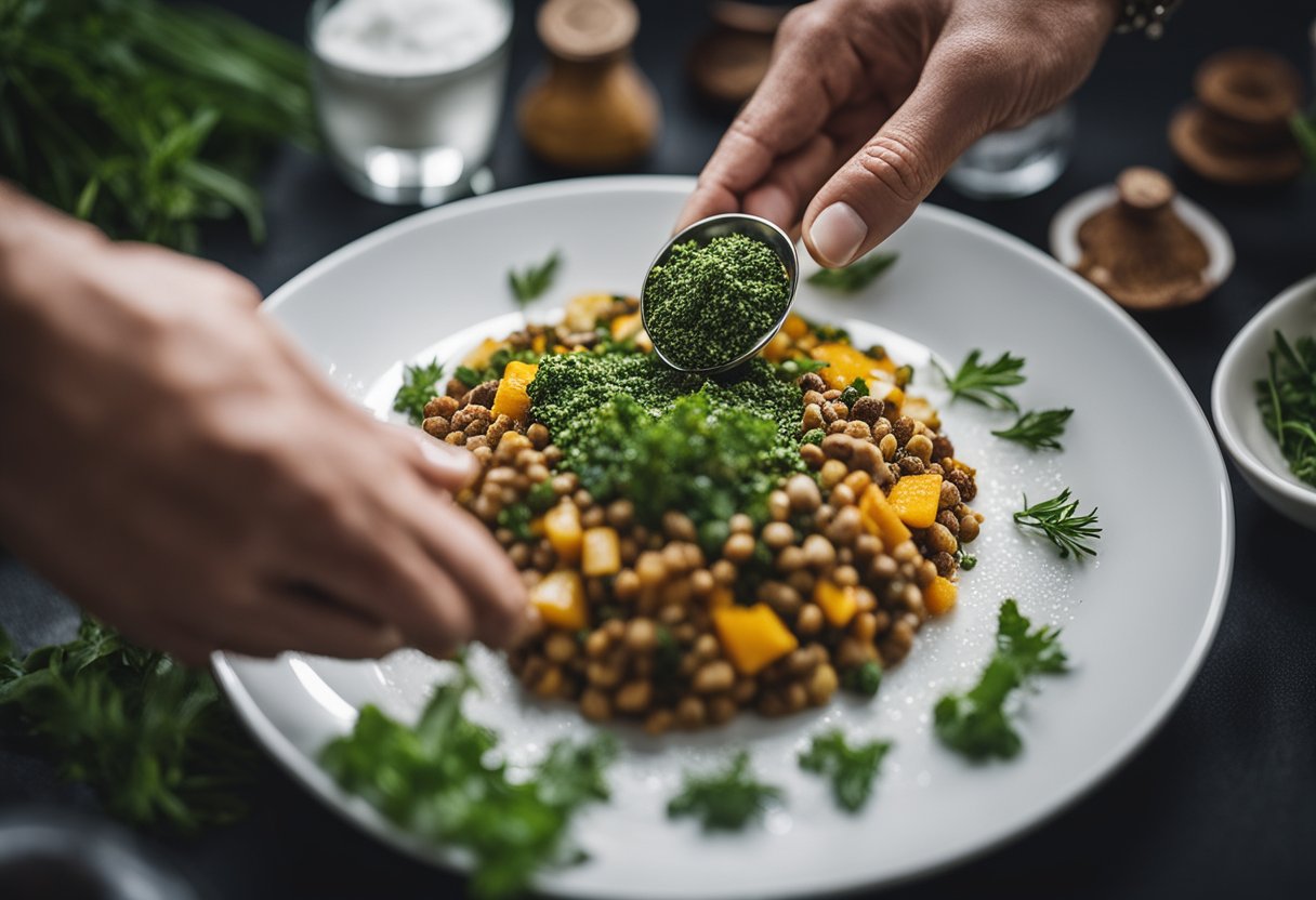 A mão de um chef polvilhando ervas e especiarias em um prato lindamente montado, adicionando profundidade e sabor para elevar a refeição simples a novos patamares.