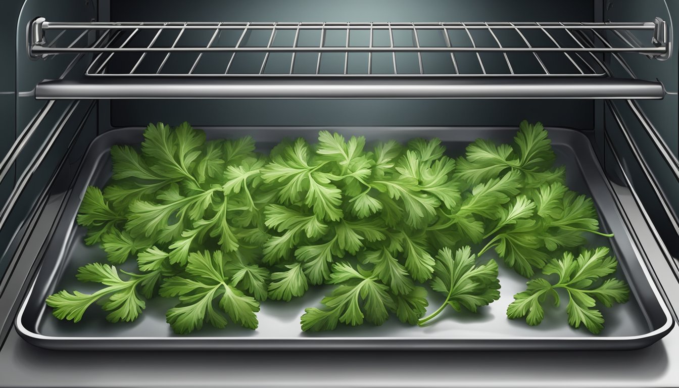 Fresh parsley leaves laid out on a baking sheet inside an open oven, with the heat causing them to slowly dehydrate and turn crispy