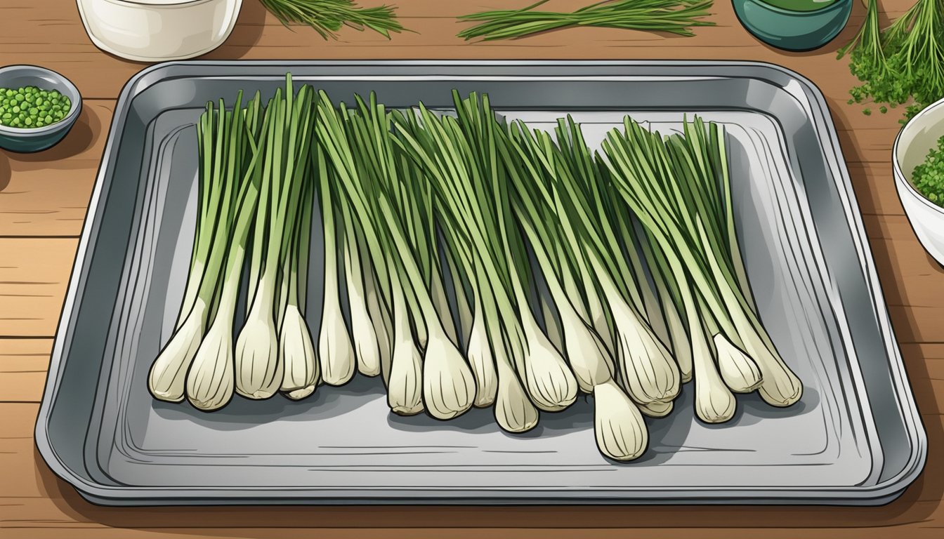 Fresh chives spread on a baking sheet, ready to be dehydrated in the oven