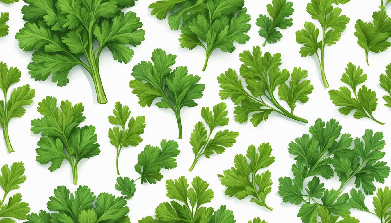 Fresh parsley sprigs laid out on a baking sheet, placed in the oven, and then dried to create dehydrated parsley for cooking