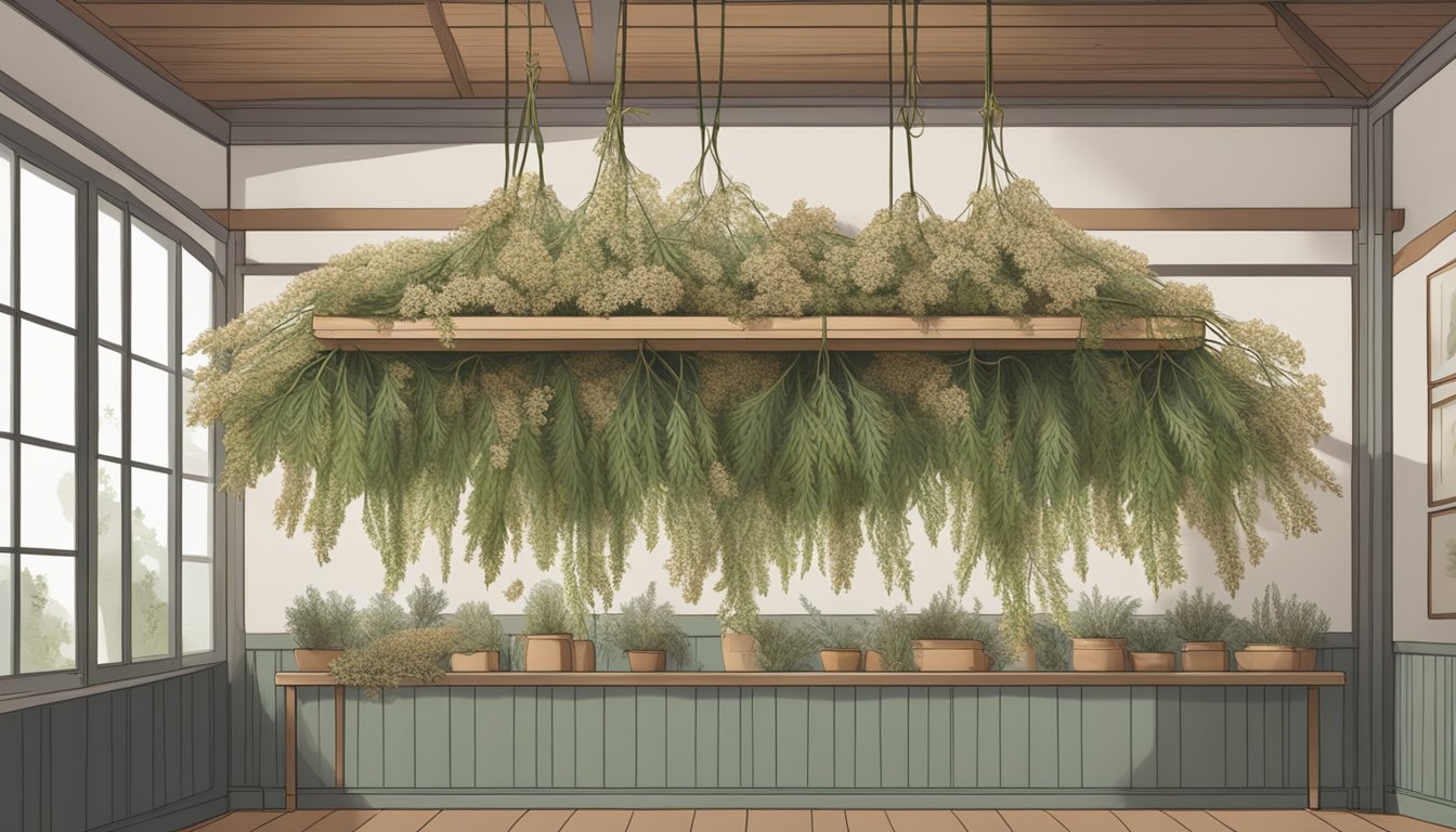 A bundle of yarrow stems hanging upside down in a warm, dry room, surrounded by trays of dried yarrow leaves and flowers