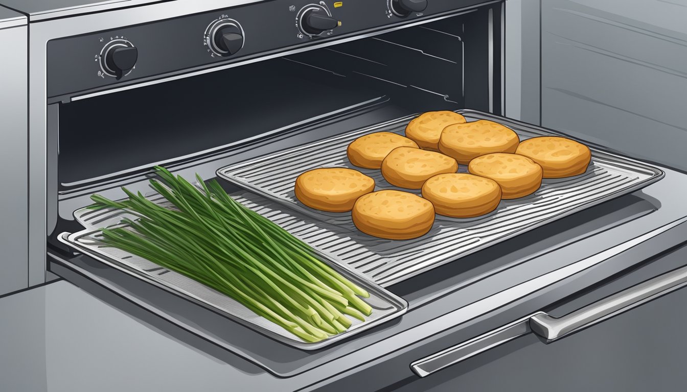 Fresh chives spread out on a baking sheet, placed in an oven, with the door slightly ajar to allow for air circulation