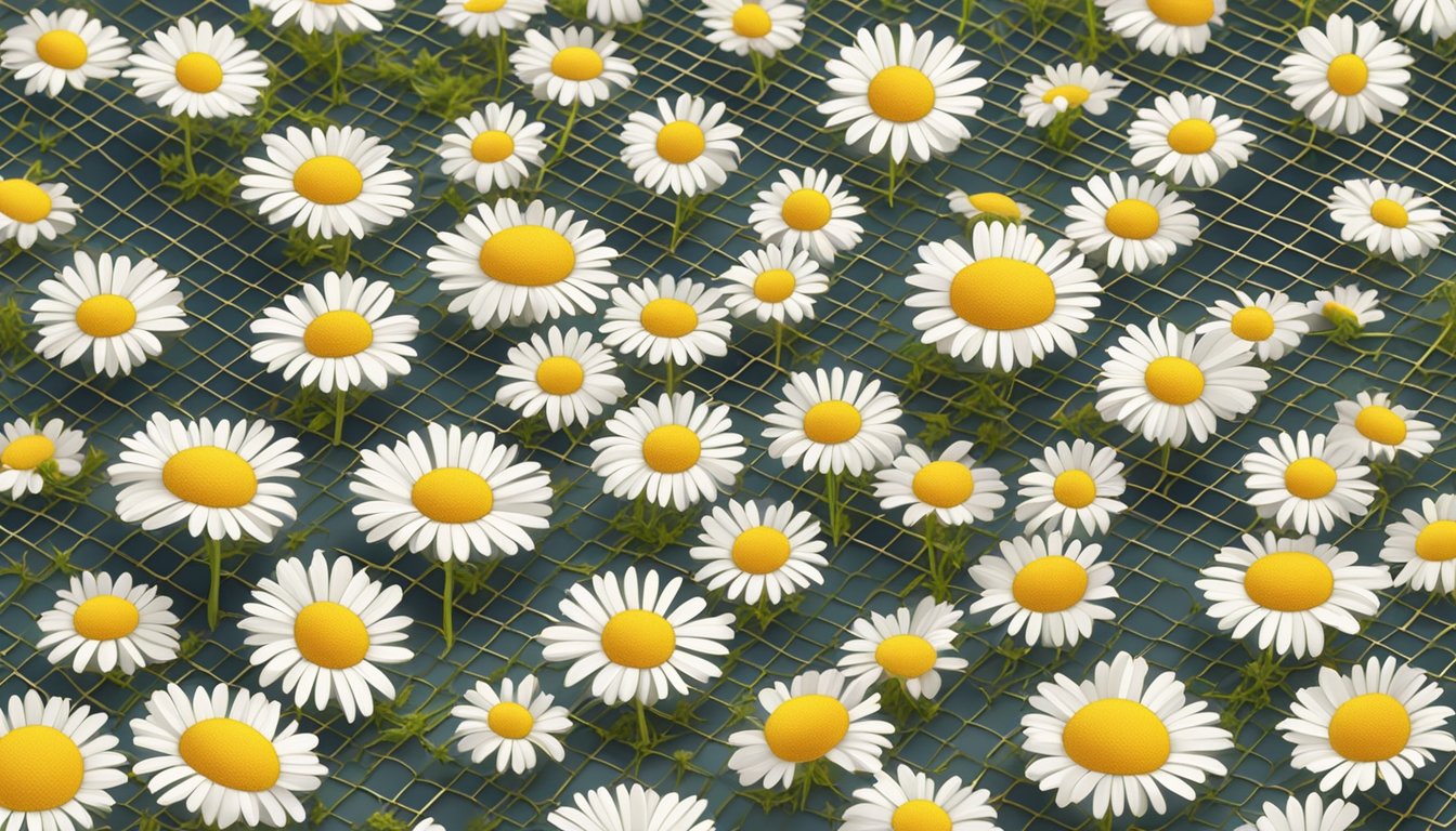 Fresh chamomile flowers laid out on a mesh dehydrator tray, with a warm, sunny background