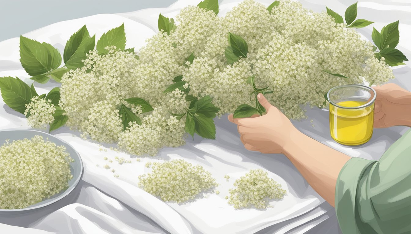 Elderflowers being carefully plucked and laid out to dry on a clean, white cloth