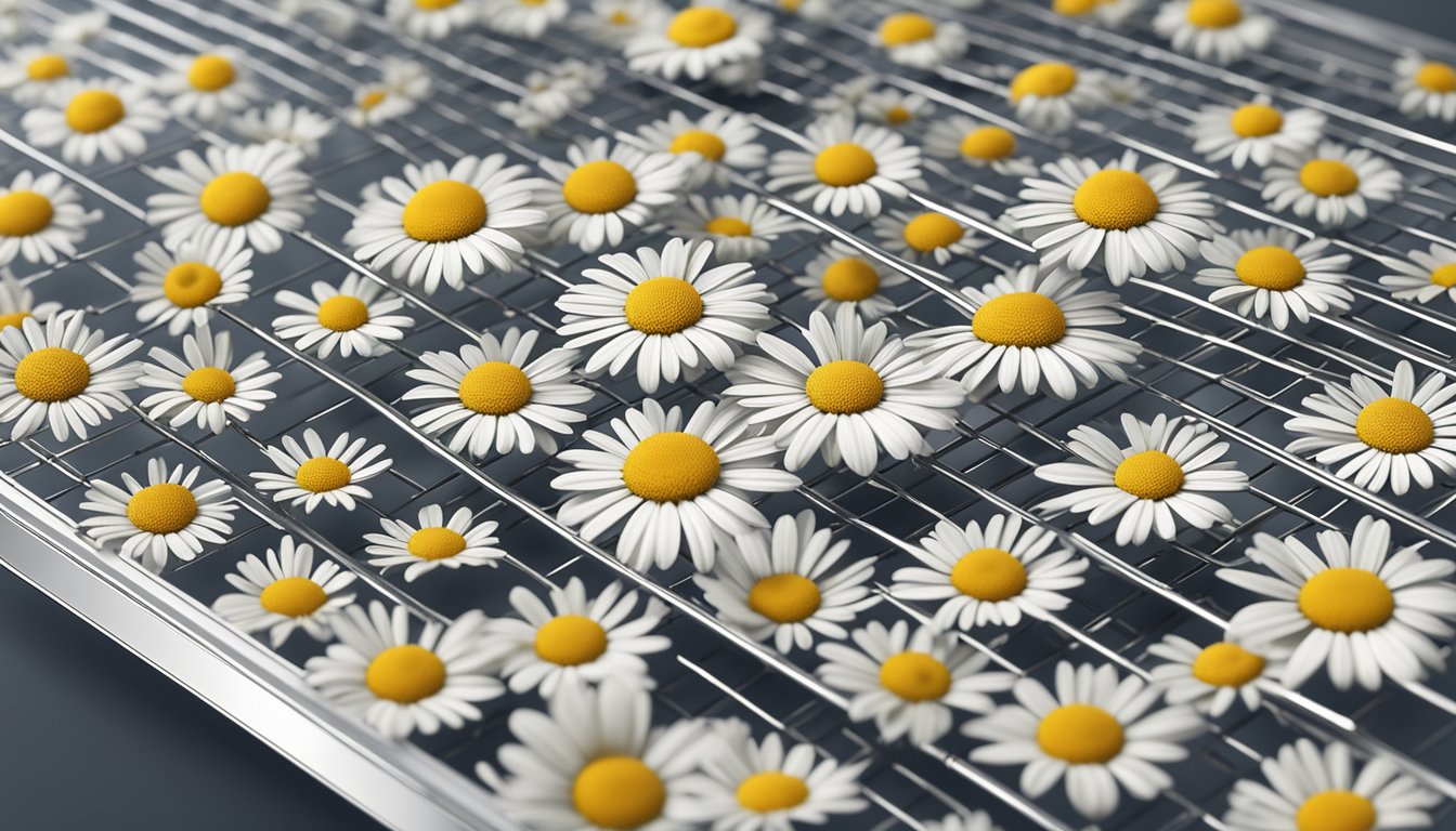 Chamomile flowers laid out on a mesh dehydrator tray under warm, dry airflow