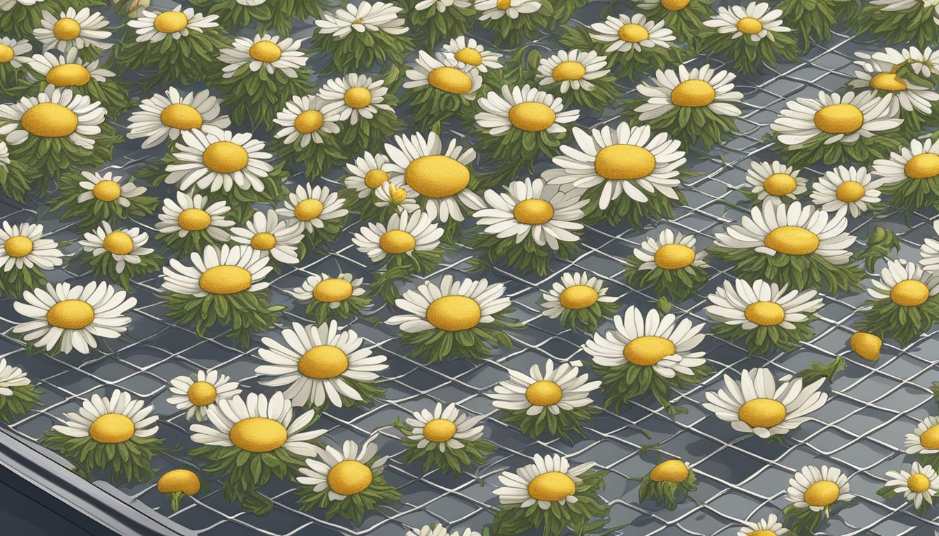 Fresh chamomile flowers laid out on a mesh dehydrator tray under warm, dry air