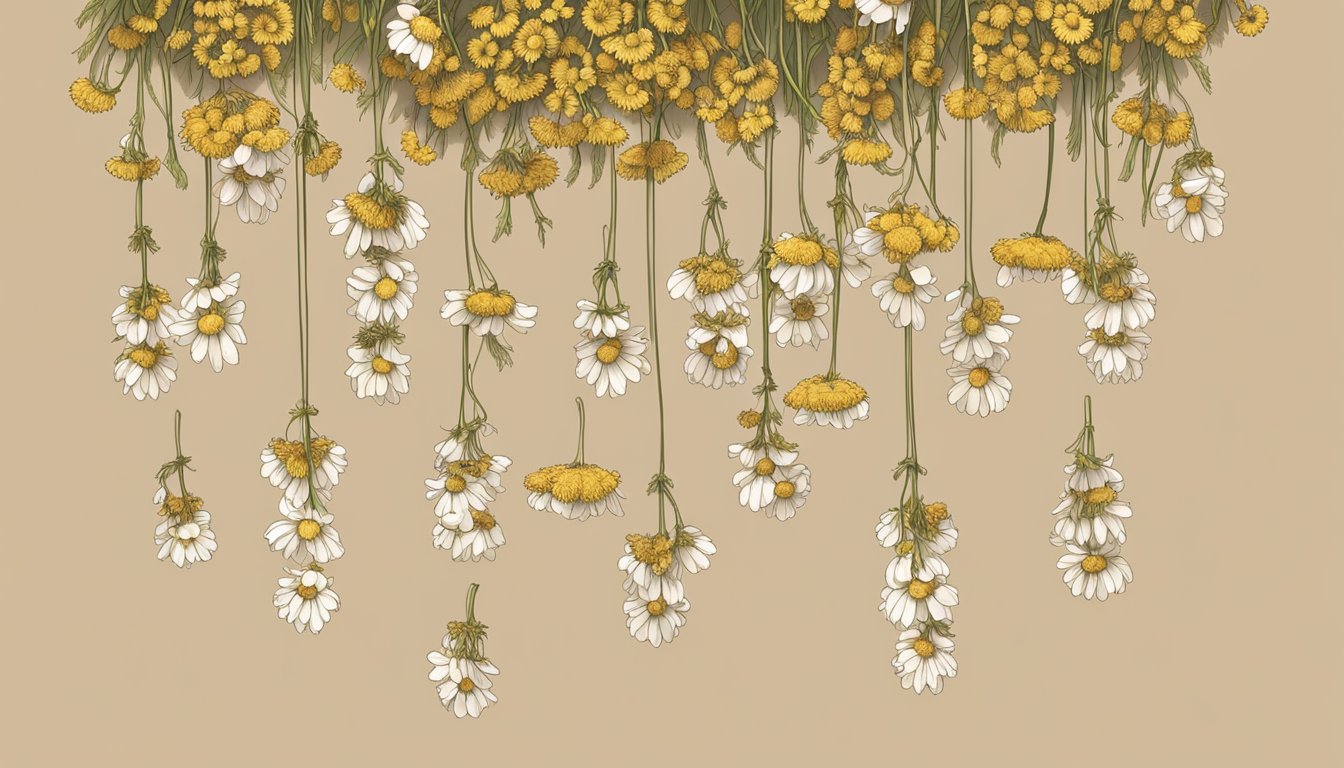 A bundle of chamomile flowers hanging upside down in a warm, dry area. The flowers are shriveled and brown, indicating that they have been successfully dehydrated