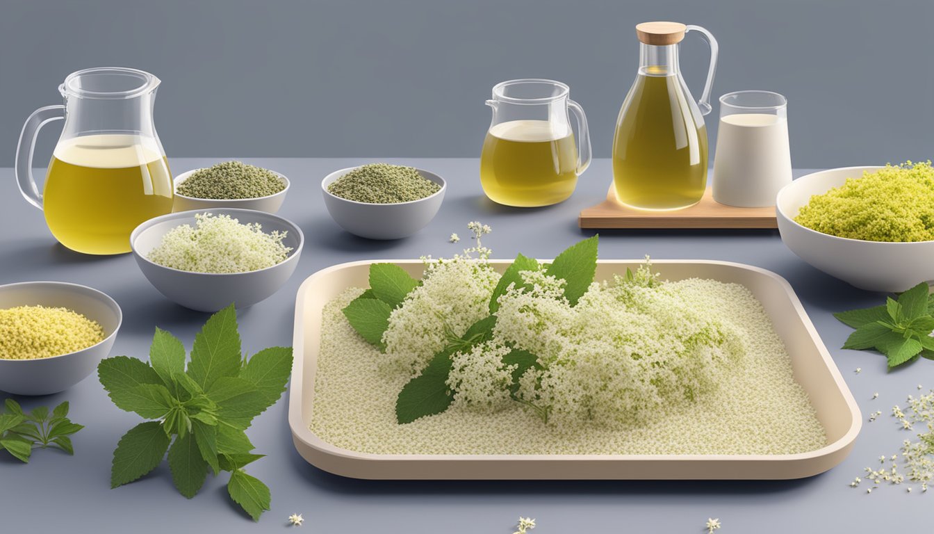 Elderflowers laid out on a mesh dehydrator tray, surrounded by bowls of dried herbs and brewing equipment