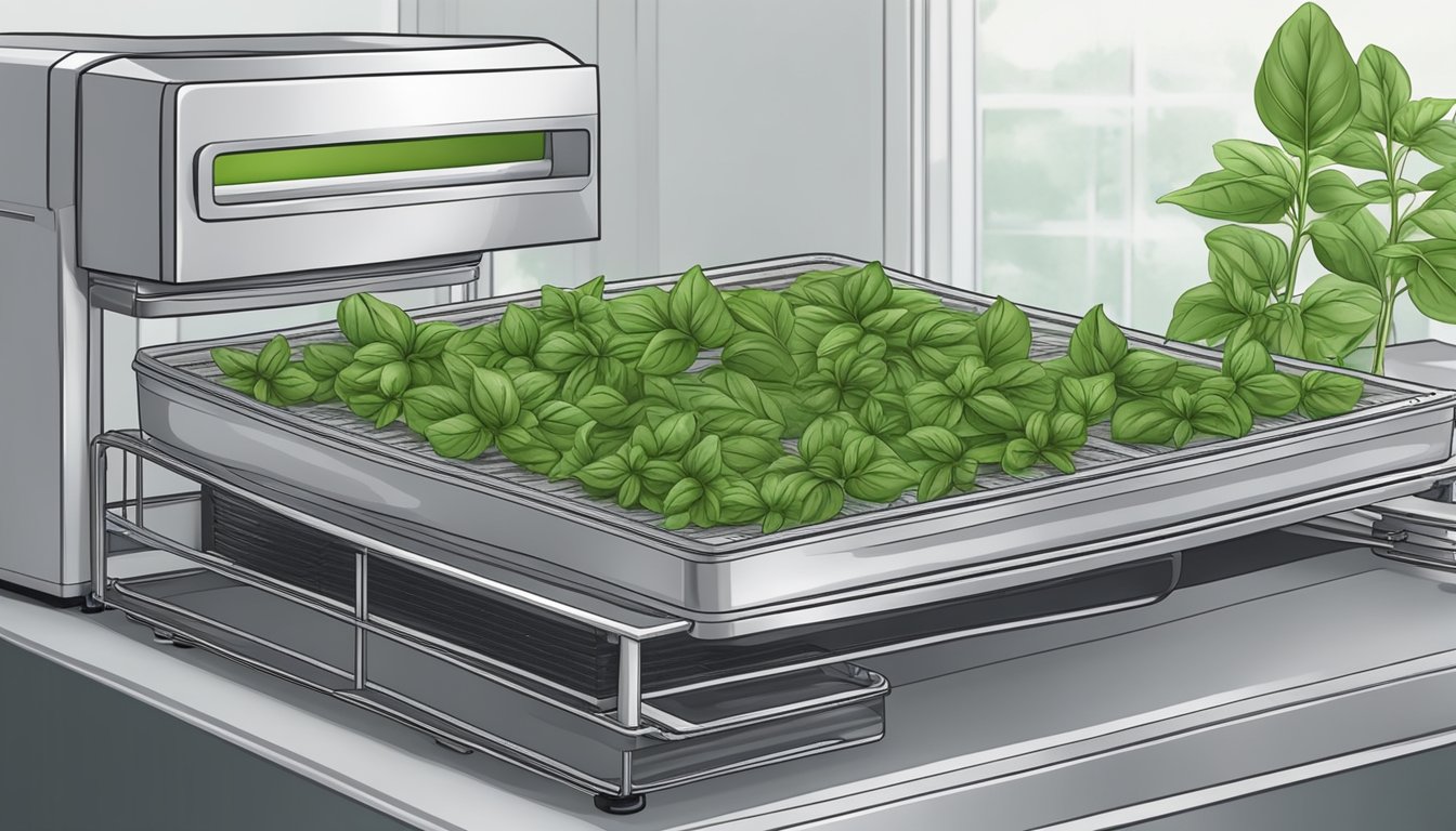 Fresh basil leaves arranged on dehydrator trays, with the machine set to low heat