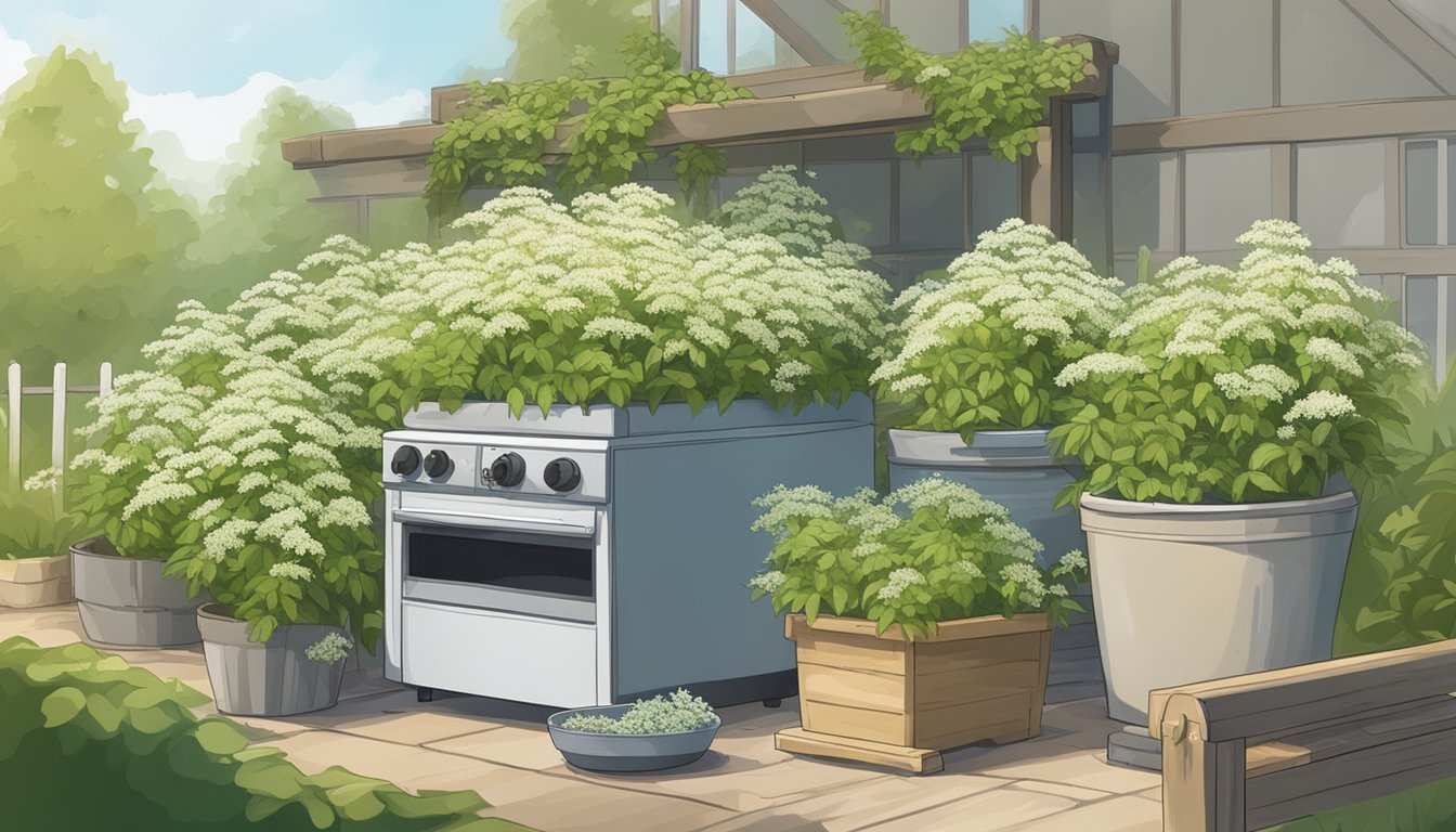 A garden scene with elderflowers growing alongside compatible plants. A dehydrator set up nearby with elderflowers being prepared for drying