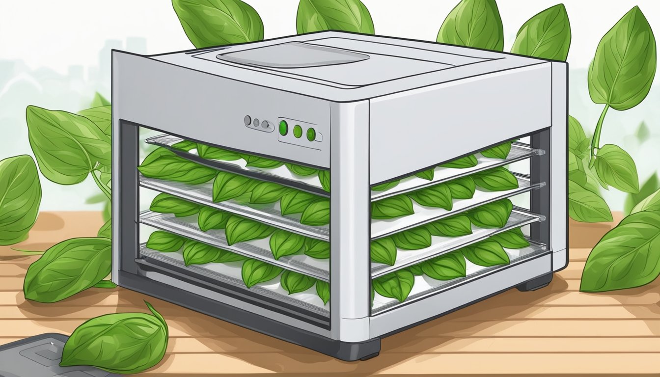 Fresh basil leaves arranged on dehydrator trays, with the machine switched on and the warm air circulating around the leaves