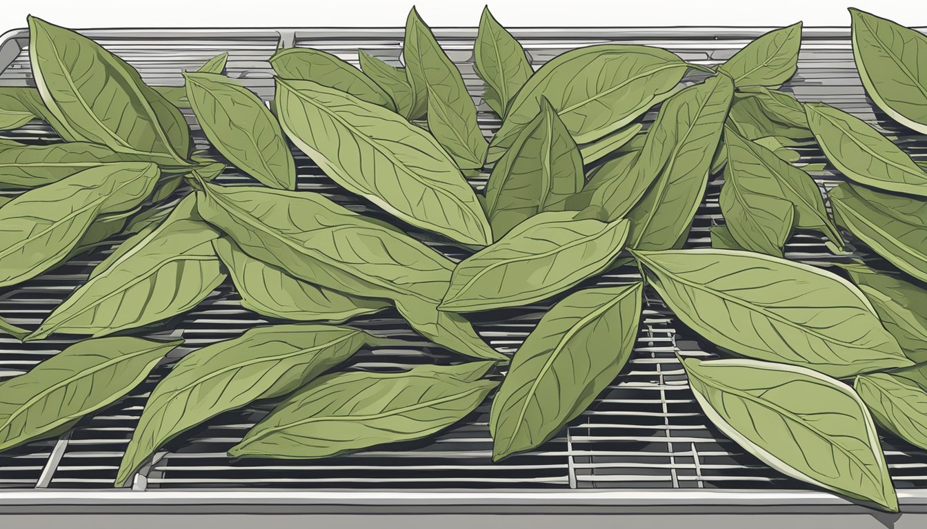 Fresh bay leaves laid out on a dehydrator tray, ready for drying