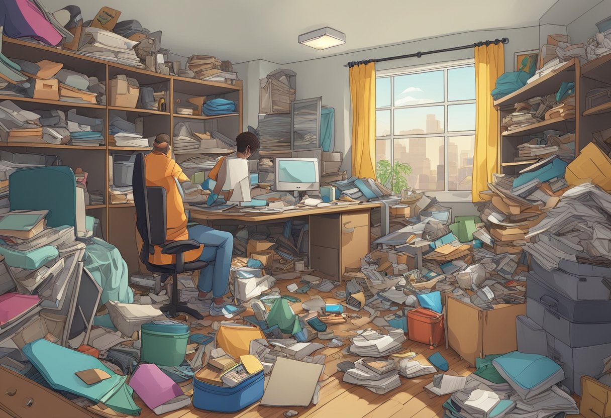 A cluttered room with piles of junk and debris, a person looking overwhelmed and unsure of where to start