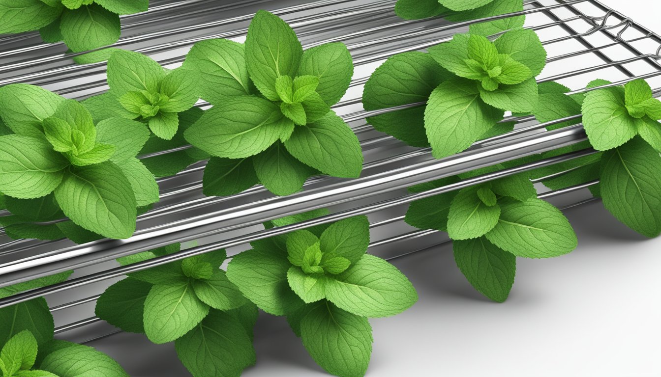 Fresh mint leaves spread out on a wire rack, placed in a warm, well-ventilated area to dry