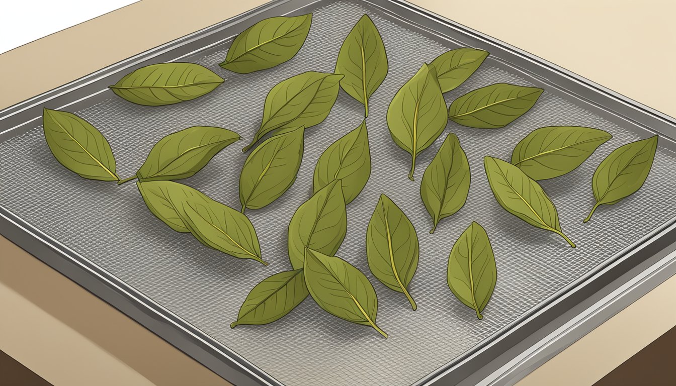 Fresh bay leaves laid out on a mesh dehydrator tray under a warm, circulating airflow