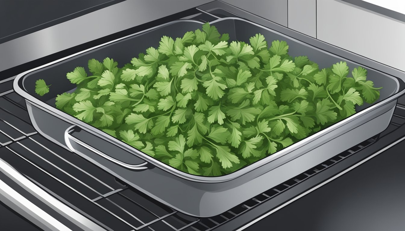 Fresh cilantro leaves spread out on a baking sheet, placed in an oven set to low heat, with the door slightly ajar to allow moisture to escape