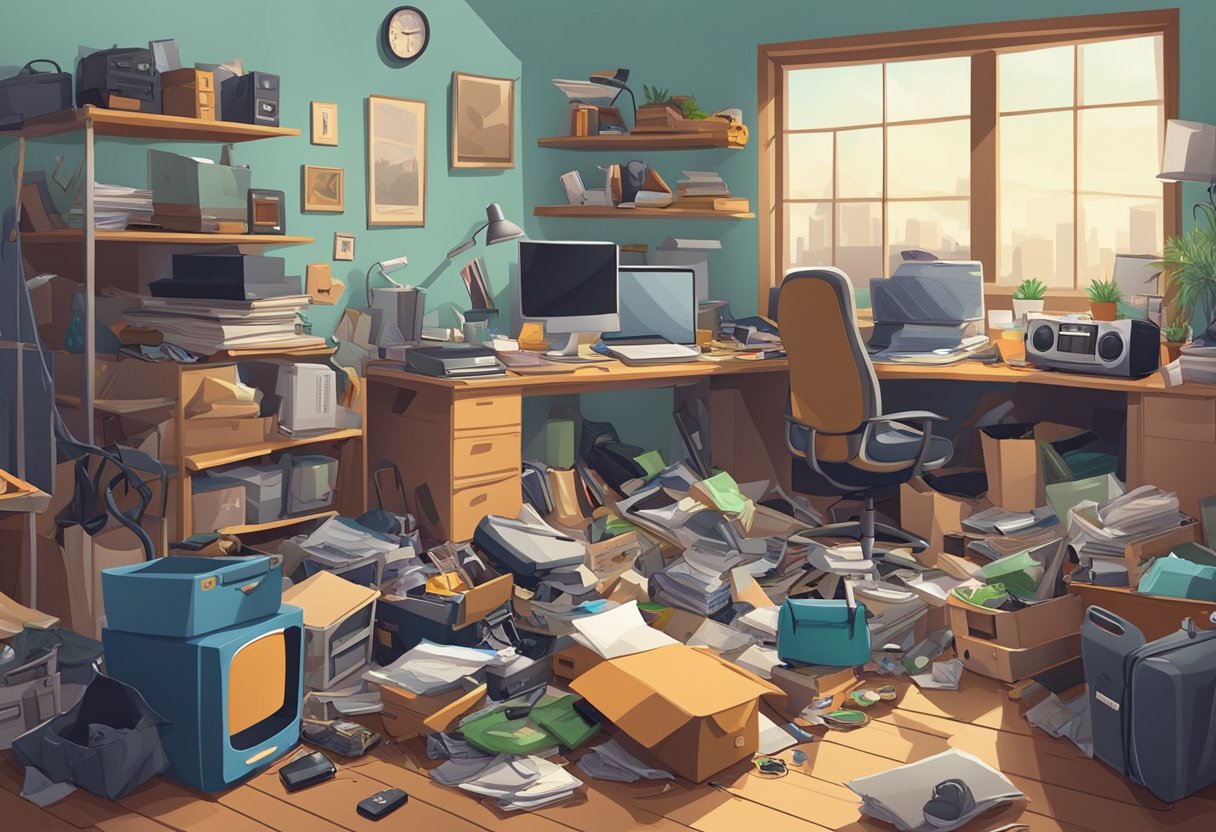 A cluttered room with various items piled up, including old furniture, broken electronics, and bags of trash, creating a sense of disorganization and chaos