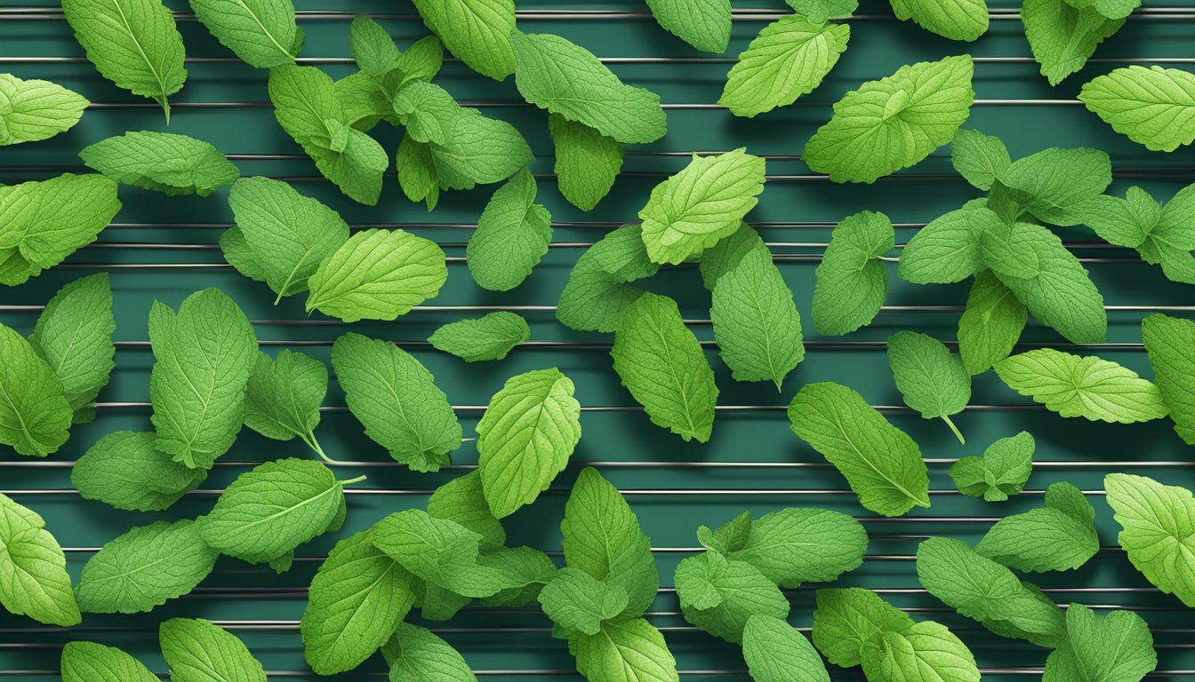 Fresh mint leaves spread out on a wire rack, placed in a well-ventilated area to dry. A dehydrator set to a low temperature, with mint leaves arranged in a single layer on the trays