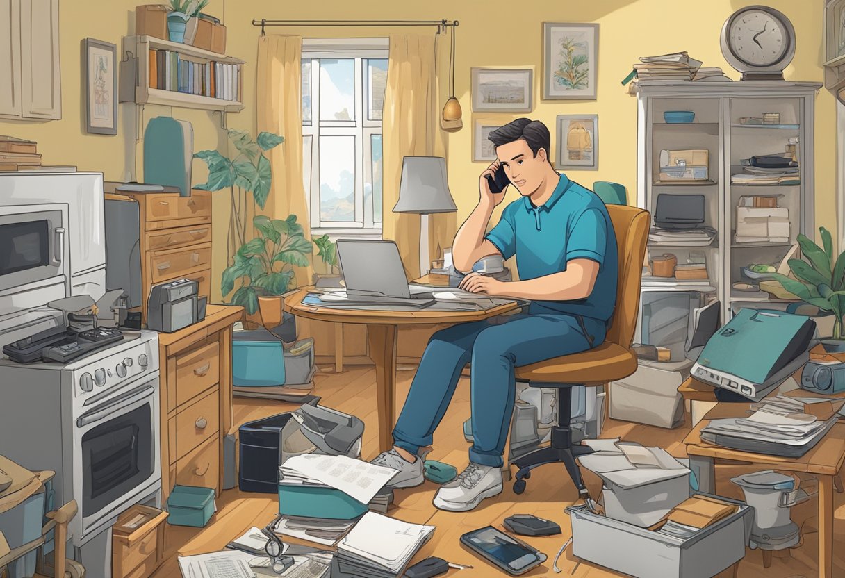 A cluttered room with old furniture and appliances, a person on the phone scheduling a junk removal service, and a calendar showing the current date