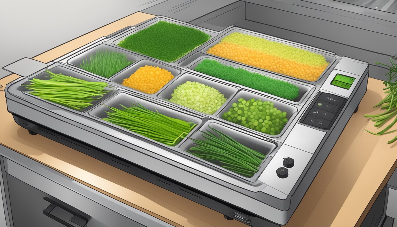 Fresh chives arranged on dehydrator trays, with the machine's temperature and timer settings visible