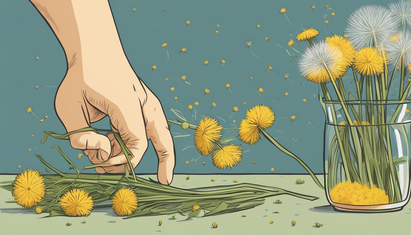 A hand reaching for a cluster of dandelion flowers, carefully plucking them from the stem. A dehydrator sits nearby, ready to receive the freshly picked blooms