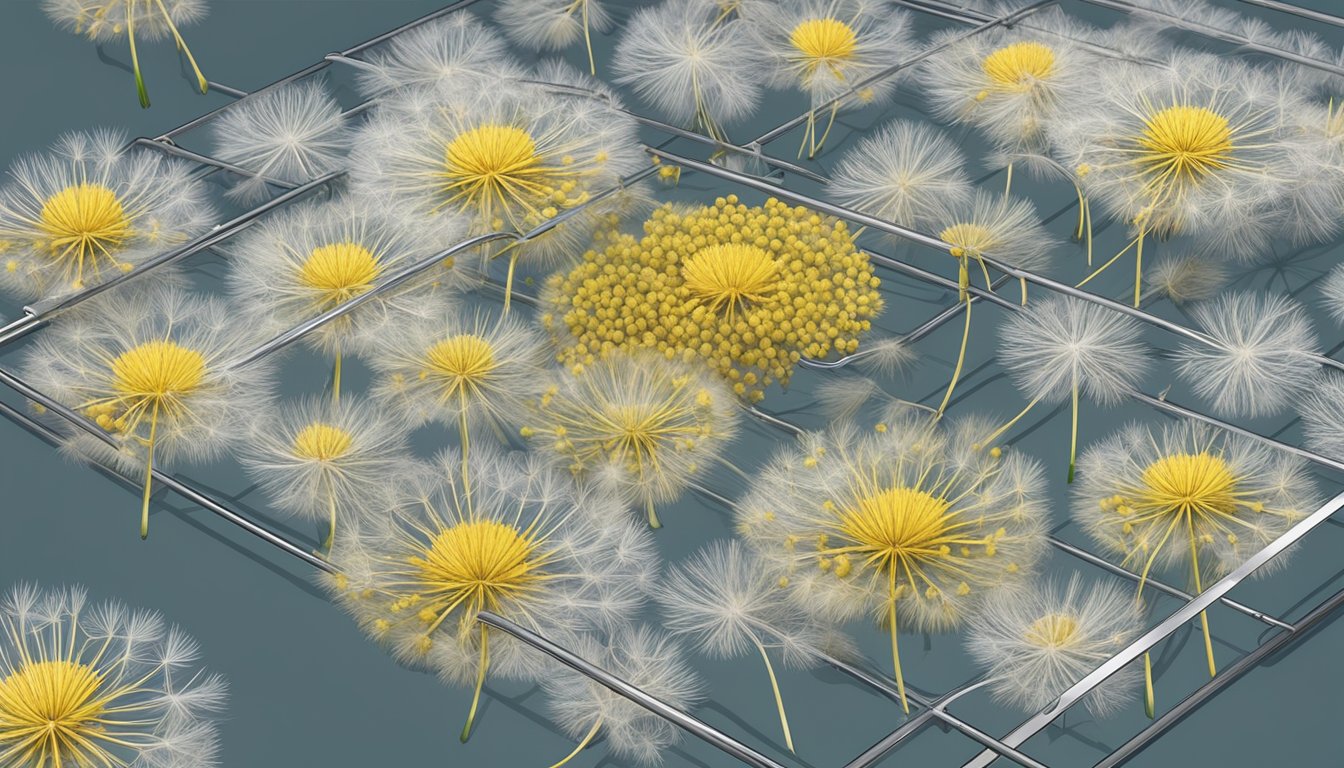 Dandelion flowers laid out on a mesh dehydrator tray, with warm air circulating around them