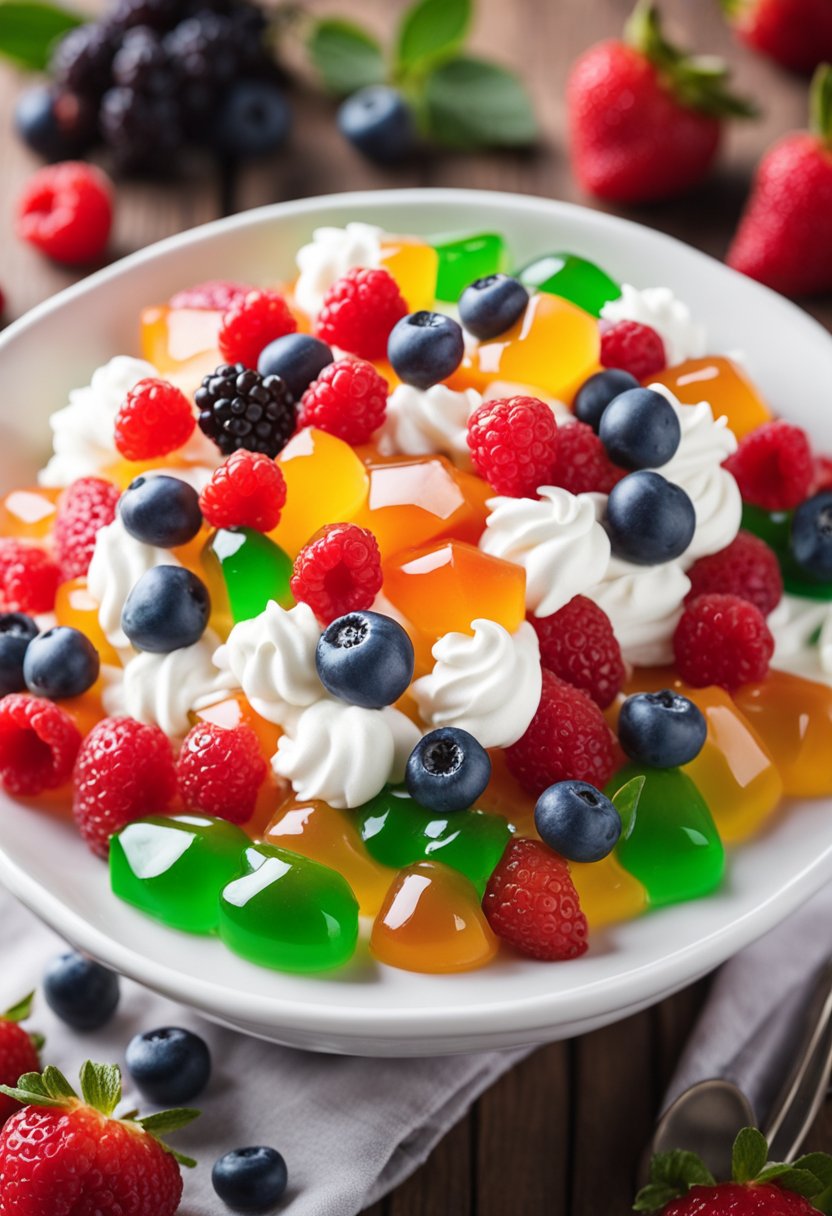 A bowl of colorful keto jello fluff sits on a wooden table, surrounded by fresh berries and topped with a dollop of whipped cream