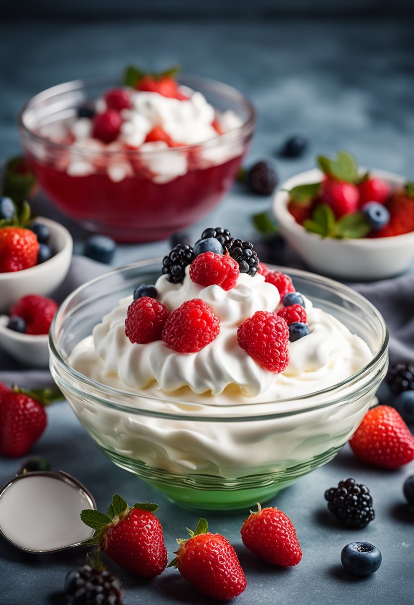 A bowl of Keto Jello Fluff surrounded by fresh berries and topped with a dollop of whipped cream