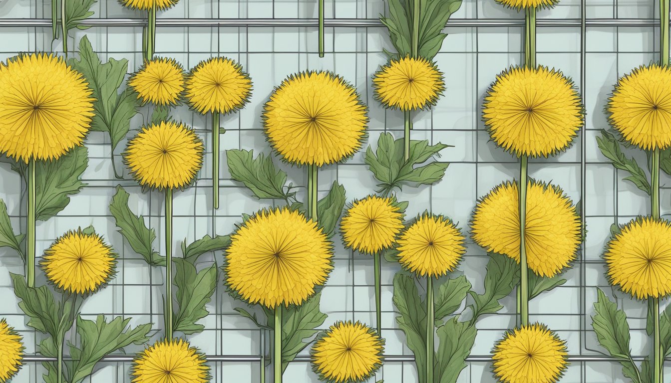 Dandelion flowers laid out on a mesh dehydrator tray, with the dehydrator plugged in and running