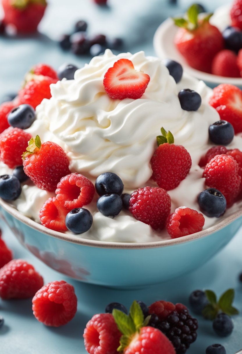 A bowl of keto jello fluff surrounded by fresh berries and a dollop of whipped cream