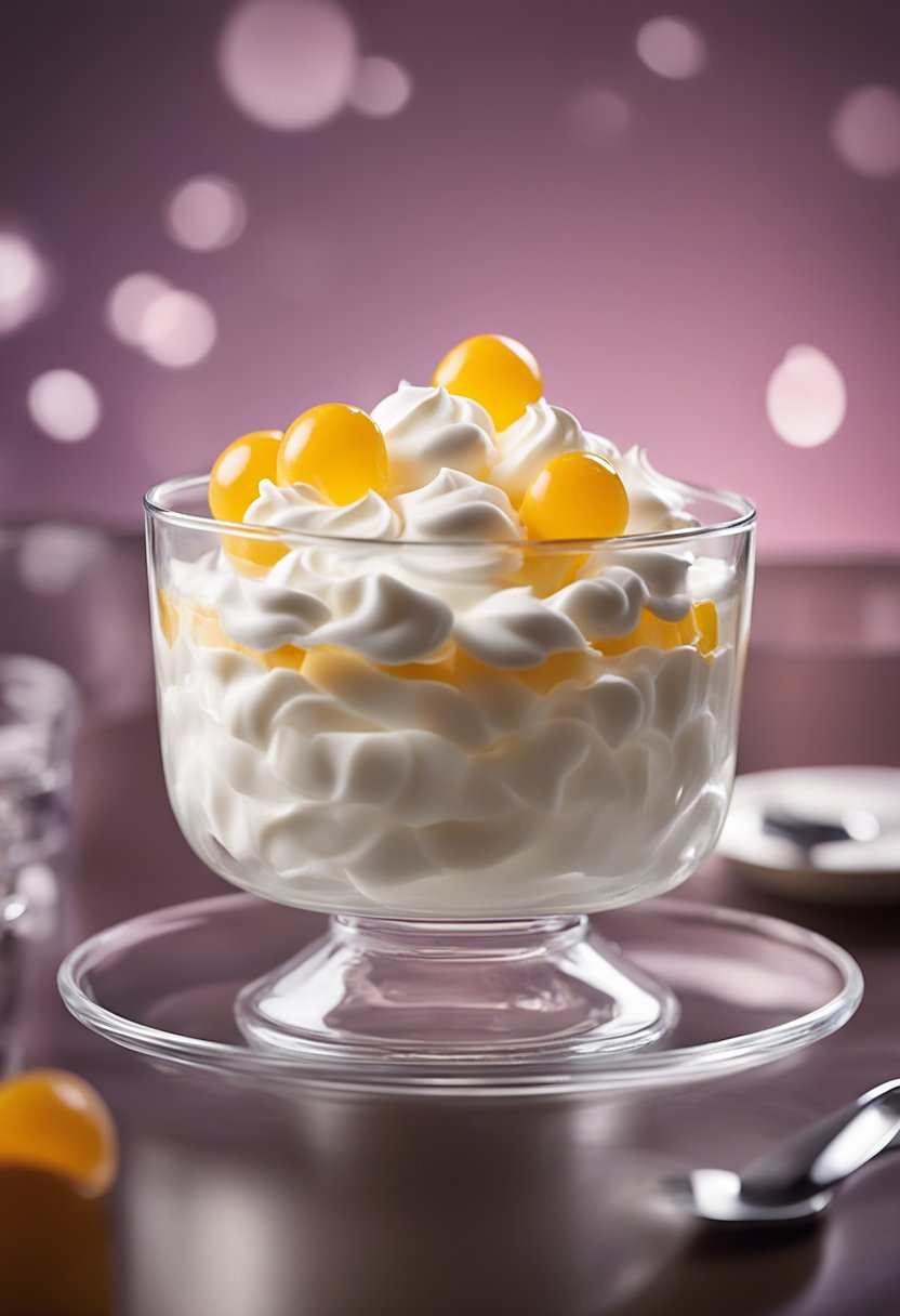 A bowl of whipped cream and gelatin mix in a glass dish